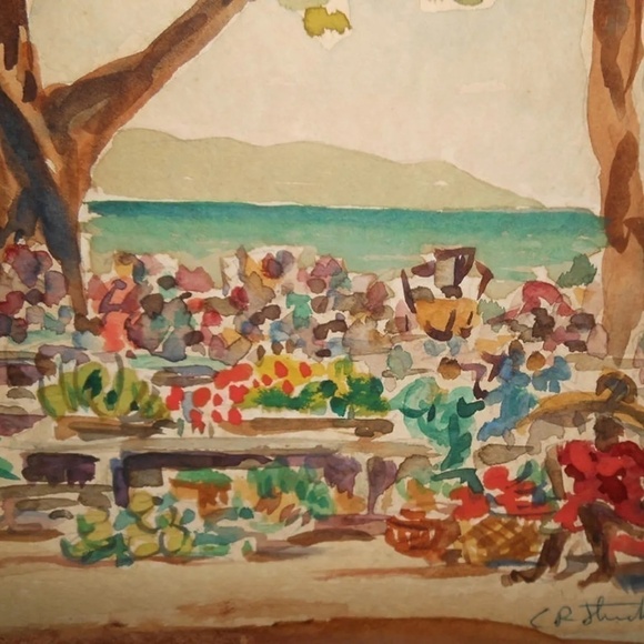VINTAGE 1950s watercolor of ladies in food picnic area, signed - Picture 4 of 7